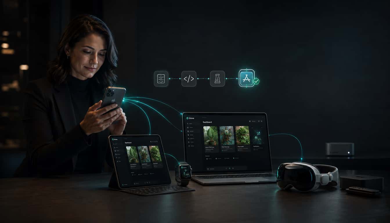 One app running in sync across iPhone, iPad, MacBook, Apple Watch, and Vision Pro