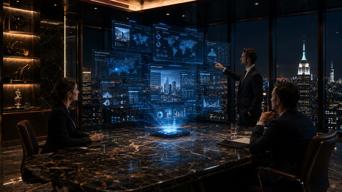 A team reviewing holographic product and operations screens in a night boardroom