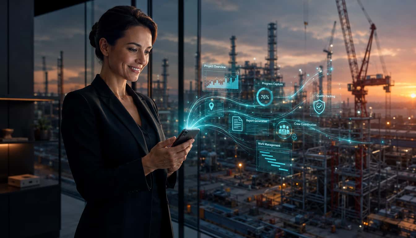 An executive tracking project progress from a phone above an industrial site