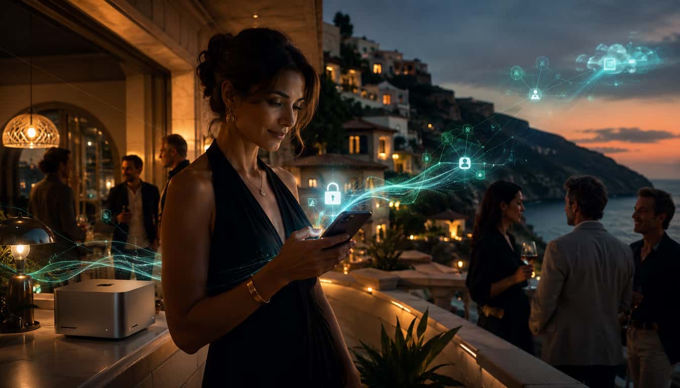 Directing work from a phone at an evening terrace gathering